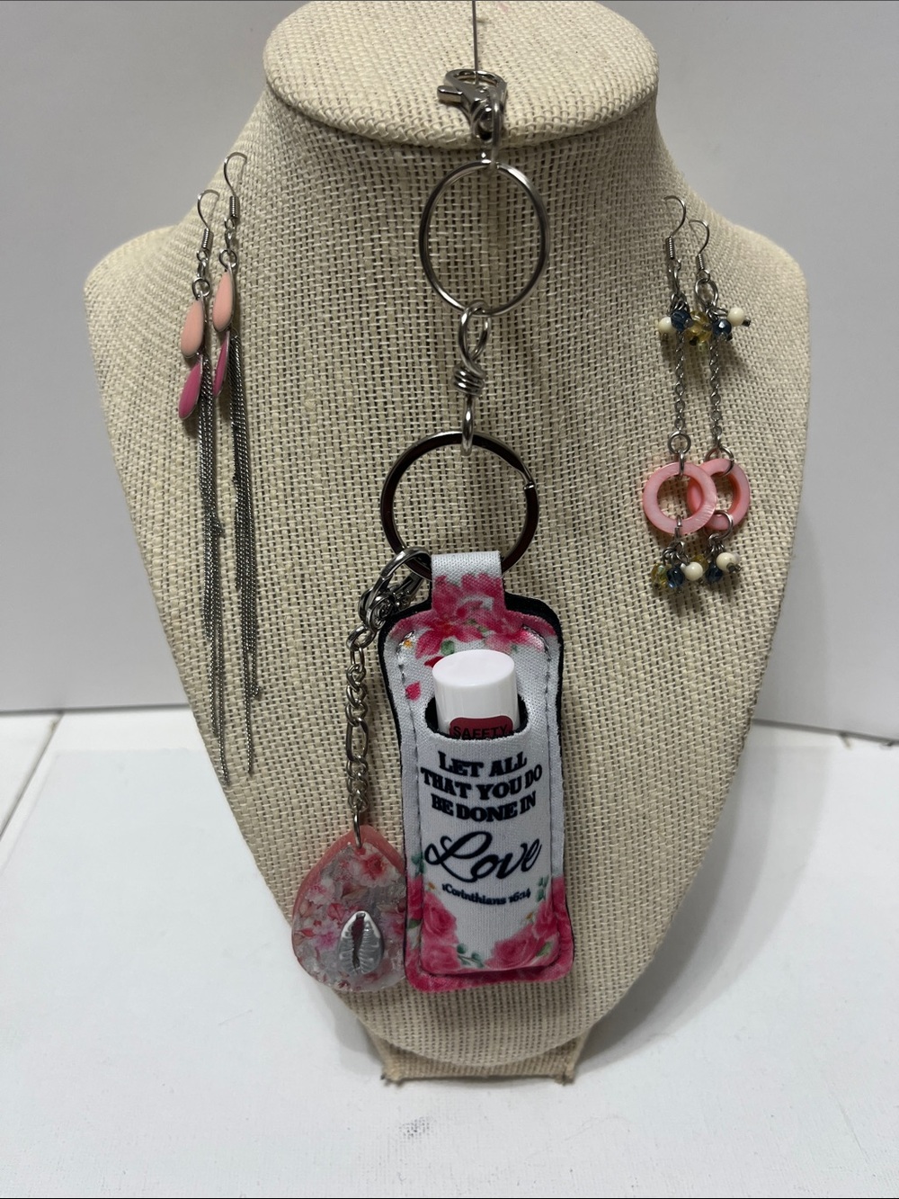 Gift set Scripture Floral Lip Balm Keychain Holder Purse Charm 2 pairs Earrings